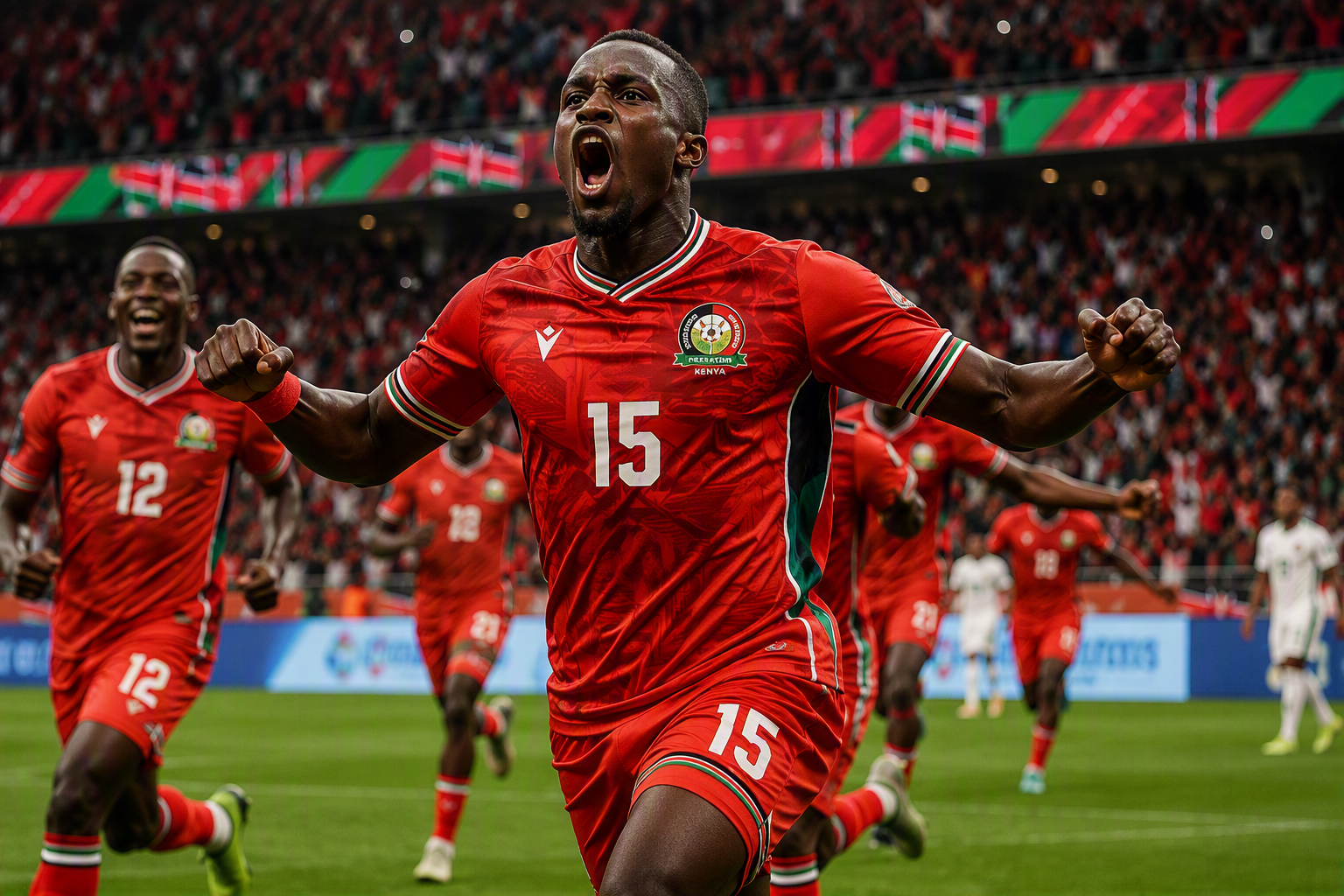 Kenya football players celebrating in a packed stadium
